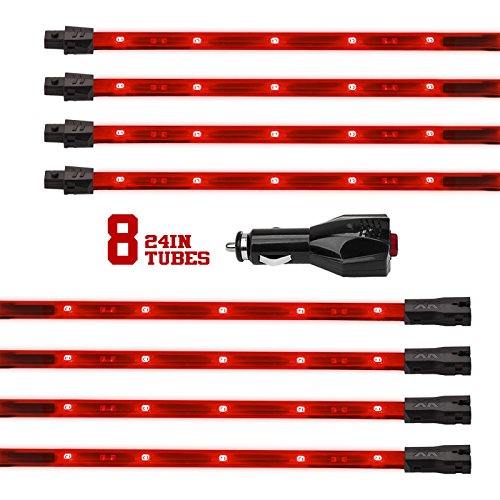 2nd Gen RED 8pc 24in Tubes LED Undercar Neon Accent light Kit Waterproof Ultra Bright + Plug & Play Three Mode (Solid Color; 2 Channel Strobe; Breath Effect) Car Controller Plug Accessories Included