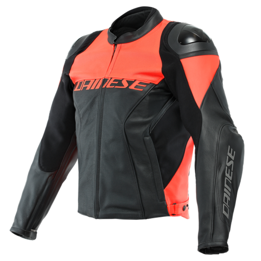 Dainese Racing 4 Leather Jacket Perforated Black/Fluorescent Red - Part Number: dai201533849-628-50