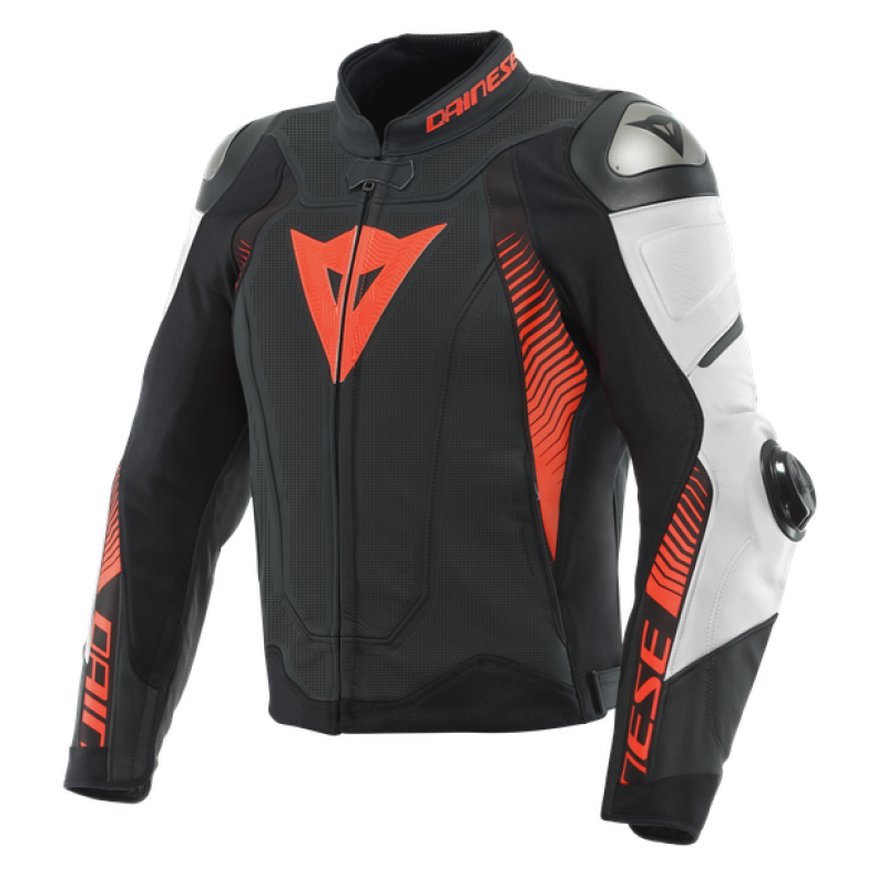 Dainese Super Speed 4 Leather Jacket - Perforated Matte Black/White/Fluorescent Red, Size 50 (Part Number: dai201533871-23A)