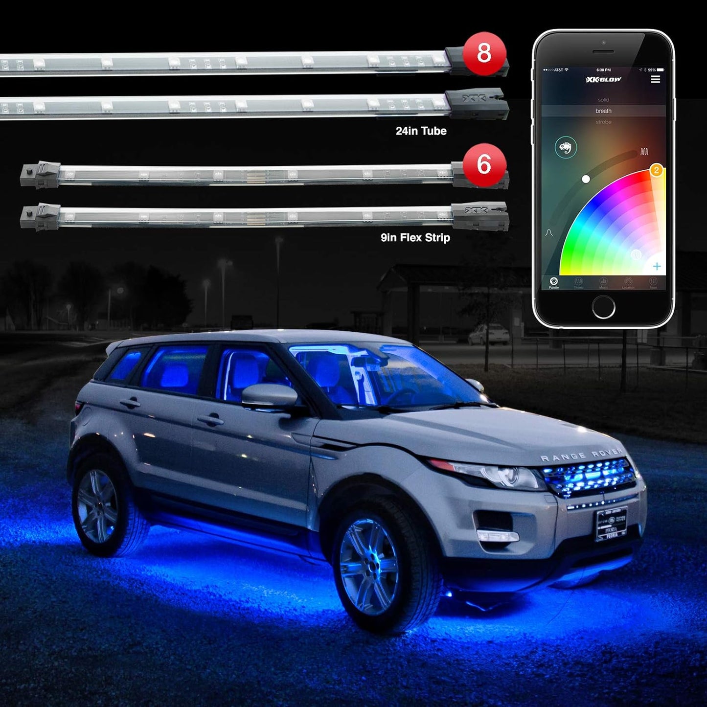 8pc 24 Under Glow Tube + 6pc 10 Interior Strips XKchrome App Control Car LED Accent Light Kit Millions of Colors Patterns Dual Zone Music Sync Smart Brake Feature