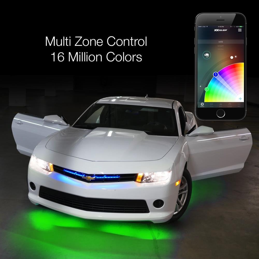 8pc 24 Under Glow Tube + 6pc 10 Interior Strips + 4pc 36 Wheel Light Strips XKchrome App Control Car LED Accent Light Kit Millions of Colors Patterns Dual Zone Music Sync Smart Brake Feature