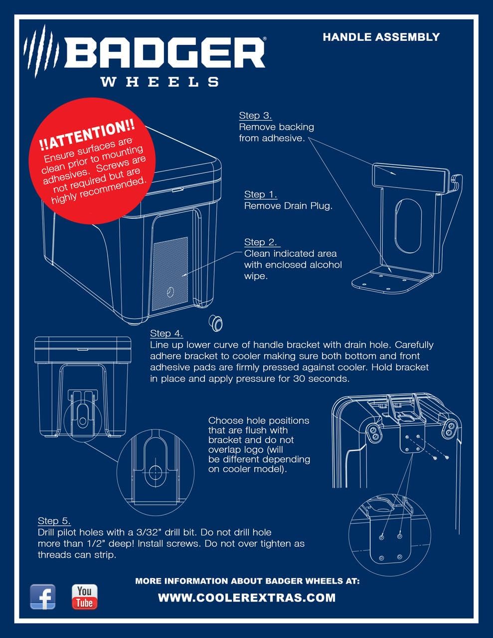 Badger Wheels - Large Single Axle with Rigid Handle/Stand for Yeti Tundra 35-160 Coolers