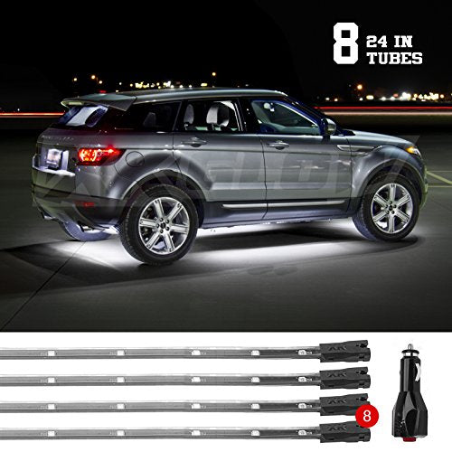 WHITE 8pcs 24in Tubes 3 Mode Single Color LED Underbody Neon Accent Light Kit Car Truck Plug + Play All Accessories Included