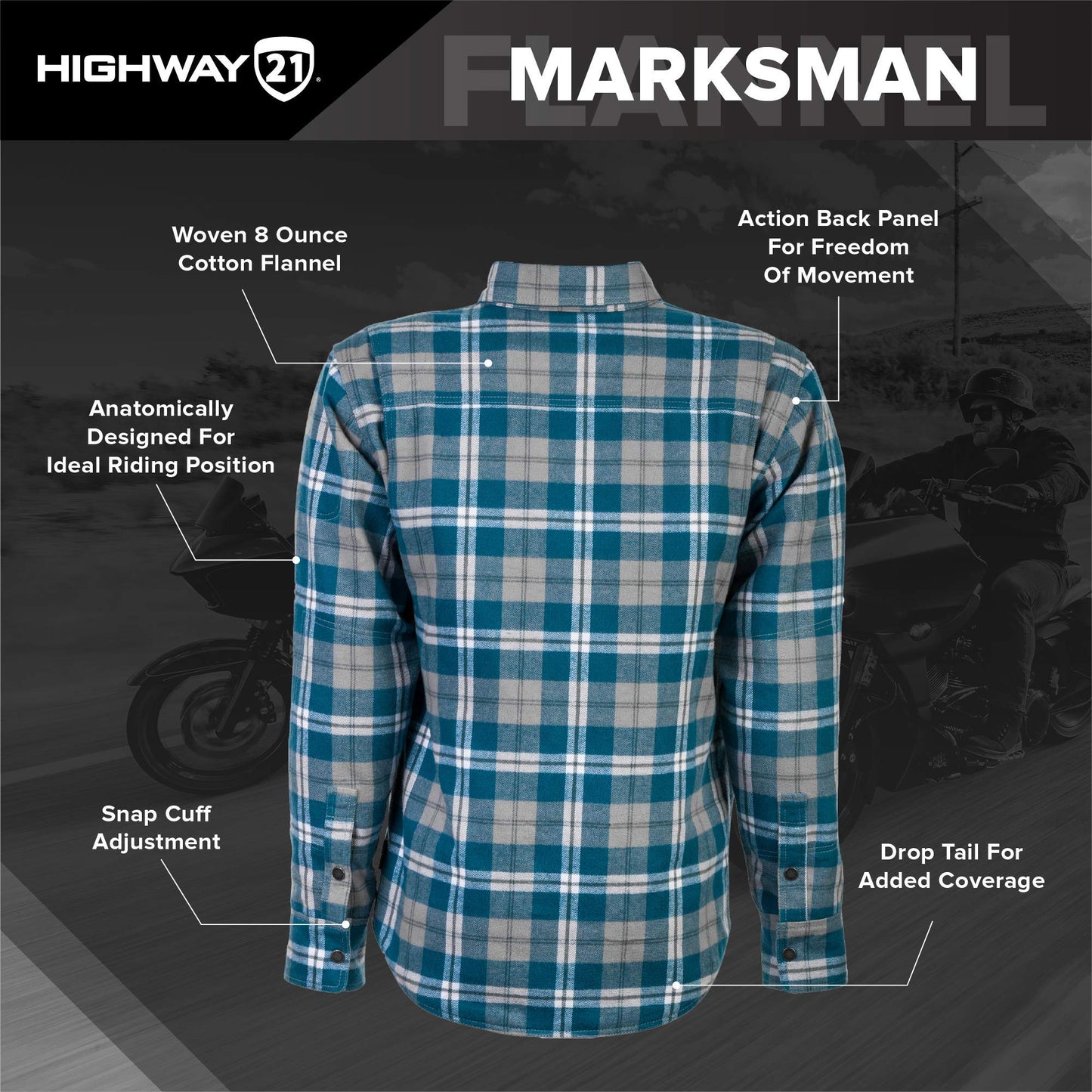 Highway 21 Marksman Motorcycle Flannel Shirt (Grey/Blue)