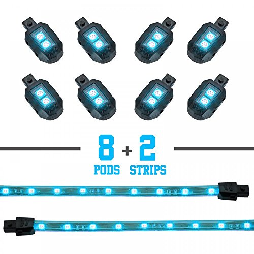 XKGLOW LIGHT BLUE 8 POD 2 STRIP LED Universal Motorcycle Accent Neon Underglow Light Kit, XK034001-AB