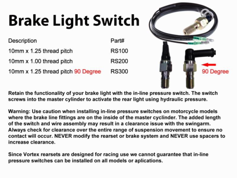 Vortex Racing Rearsets Replacement Brake Light Press Switch M10 x 1.00