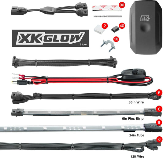 XKchrome App Control Car LED Accent Light Kit - 8pc 24" Under Glow Tube + 6pc 10" Interior Strips