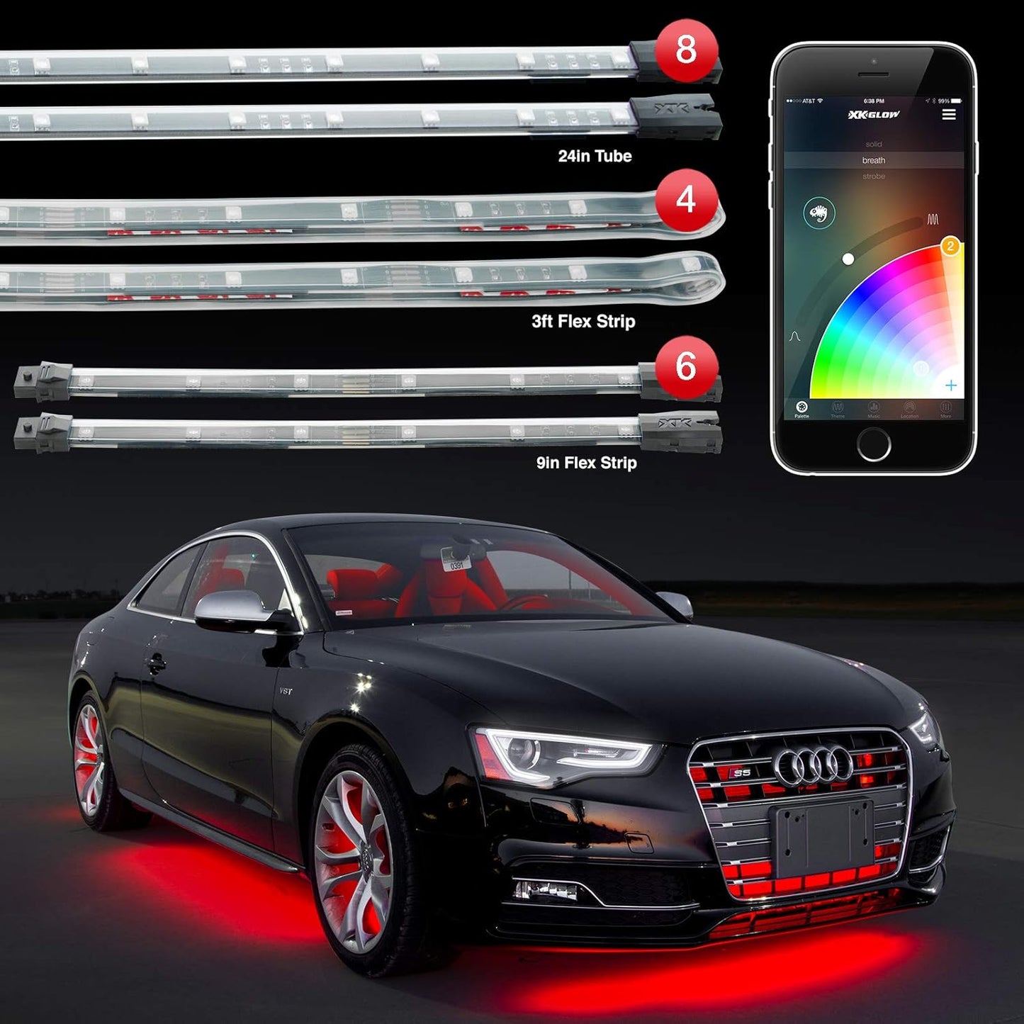 8pc 24 Under Glow Tube + 6pc 10 Interior Strips + 4pc 36 Wheel Light Strips XKchrome App Control Car LED Accent Light Kit Millions of Colors Patterns Dual Zone Music Sync Smart Brake Feature