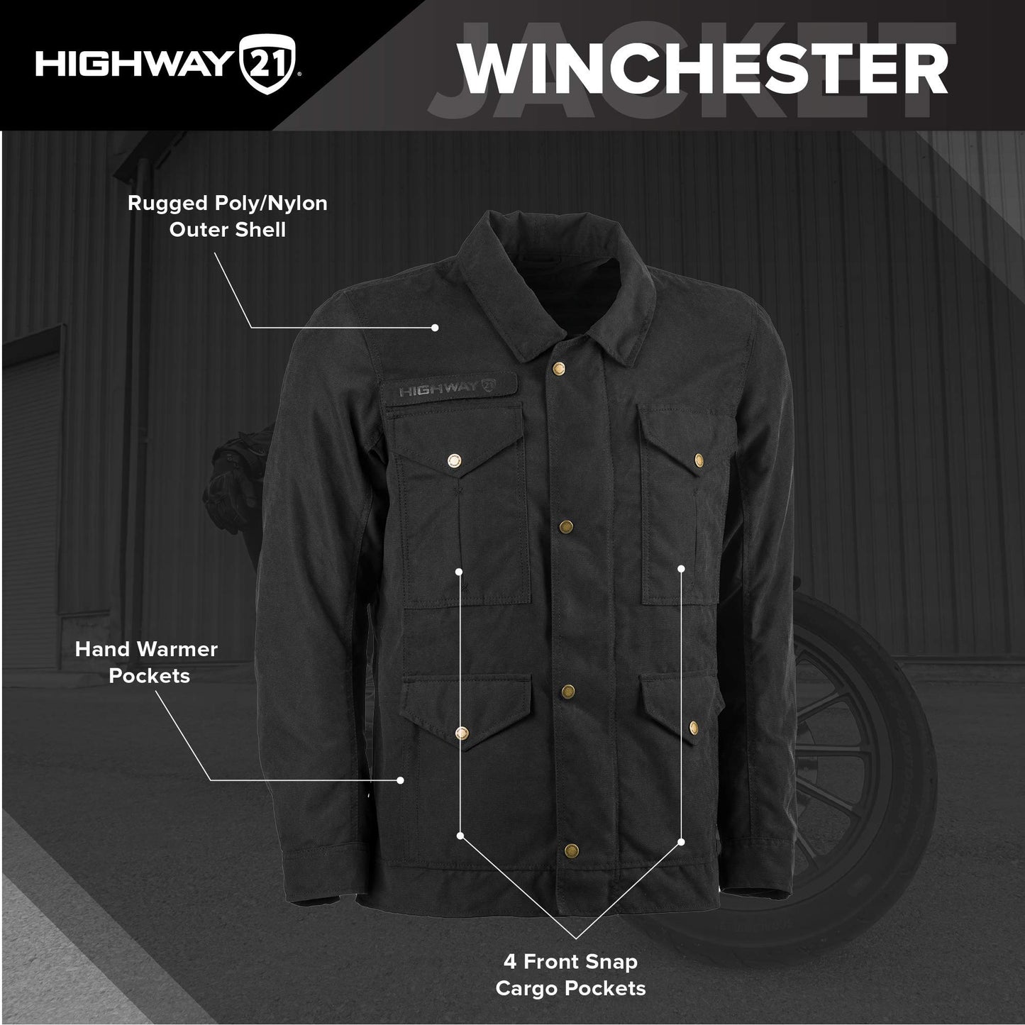 Highway 21 Men's Motorcycle Winchester Jacket (Black) - 4XL