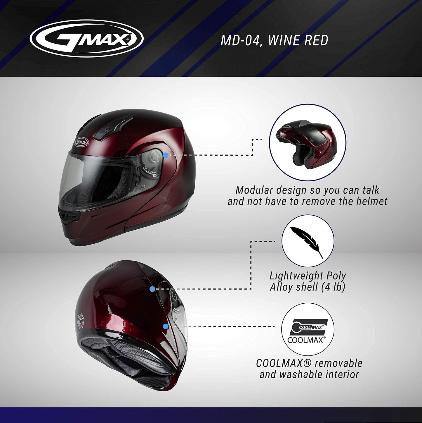 GMAX MD-04 Modular Helmet (Wine Red) - XS