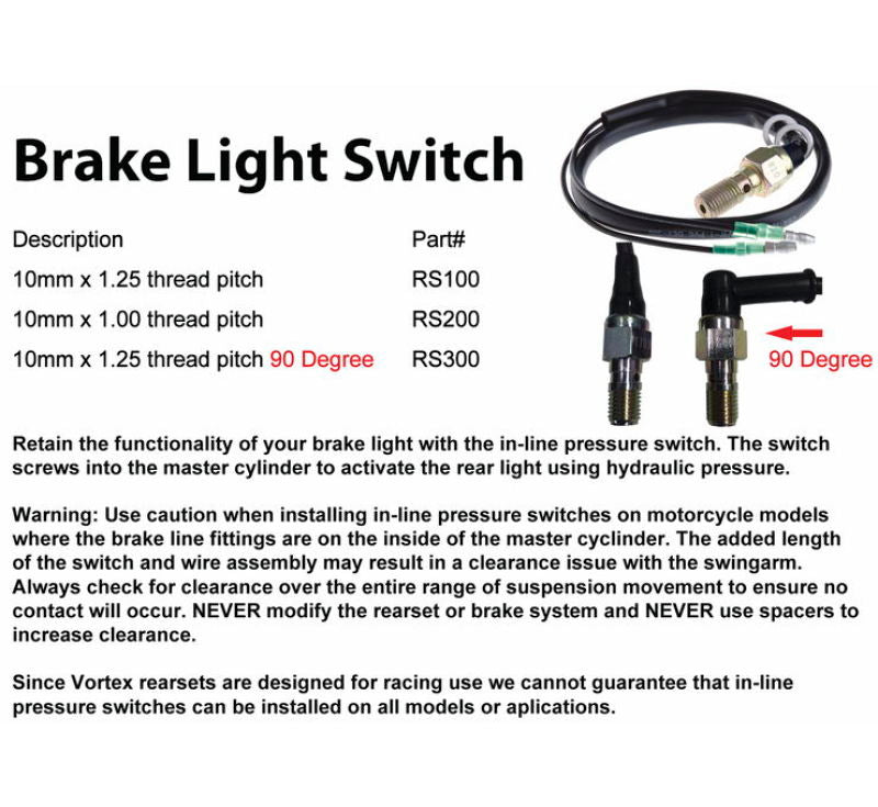 Vortex Racing Rearsets Replacement Brake Light Press Switch M10 x 1.00