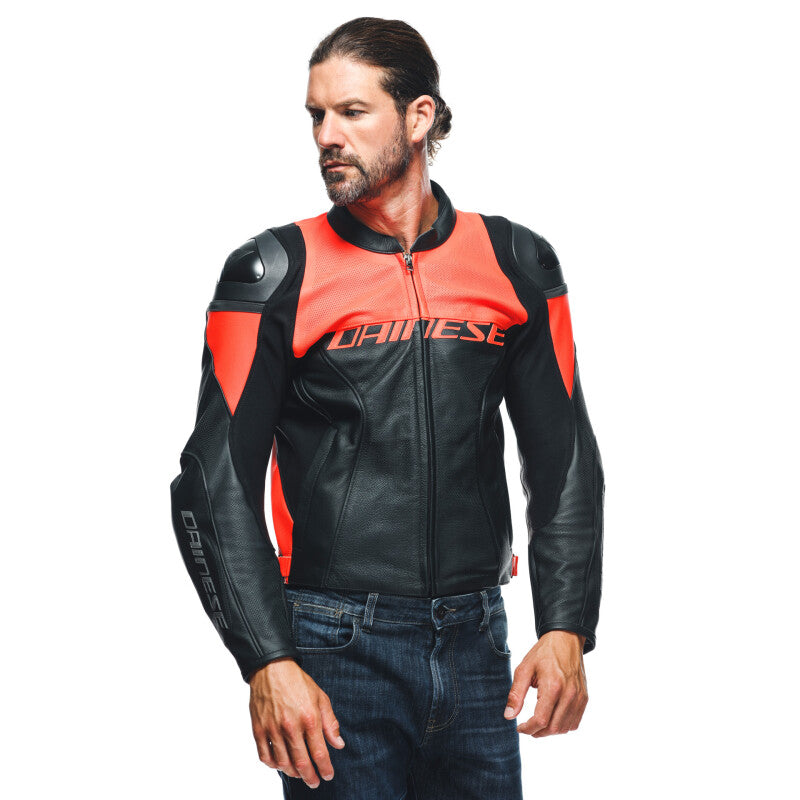 Dainese Racing 4 Leather Jacket Perforated Black/Fluorescent Red - Part Number: dai201533849-628-50