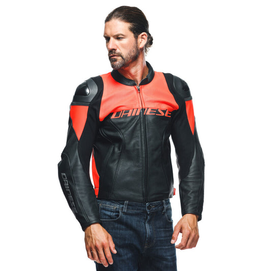 Dainese Racing 4 Leather Jacket Perforated Black/Fluorescent Red - Part Number: dai201533849-628-46