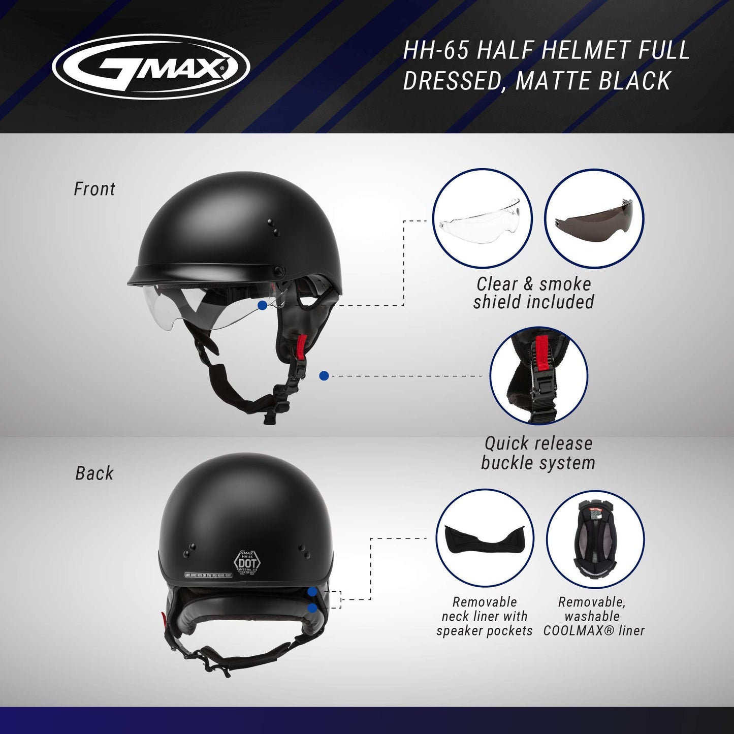 GMAX HH-65 Full Dressed Half Helmet (Matte Black) - XXL