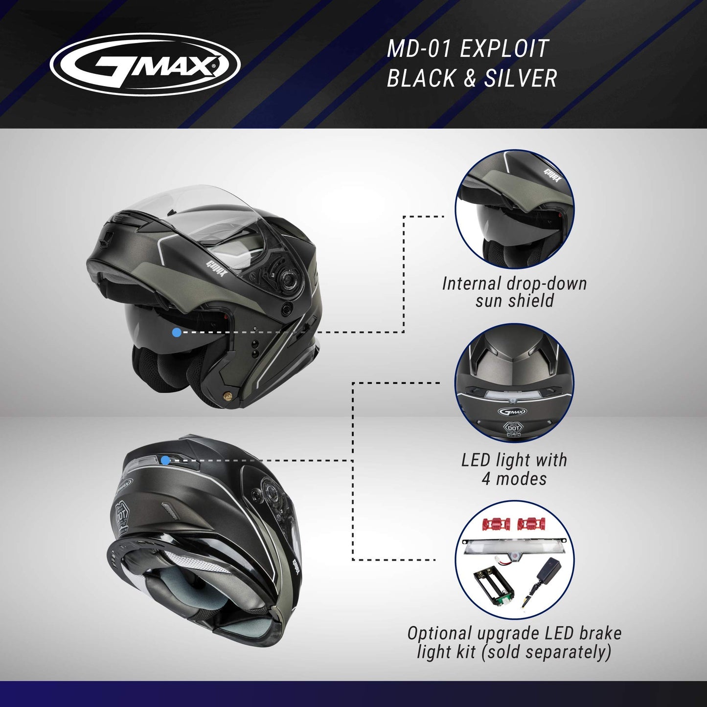 GMAX MD-01 Exploit Modular Helmet (Matte Black/Silver) - Small