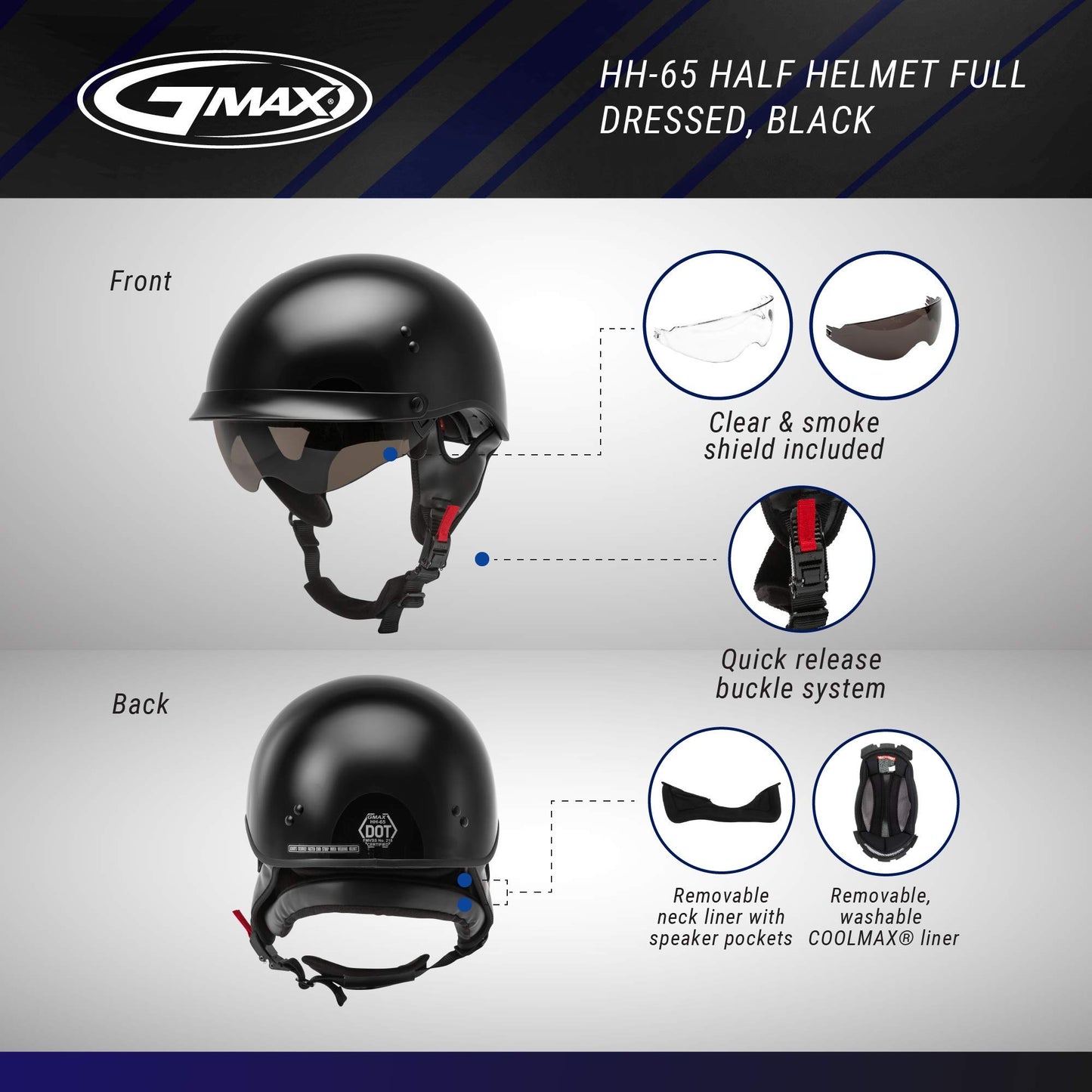 GMAX HH-65 Full Dressed Half Helmet (Black) - Large