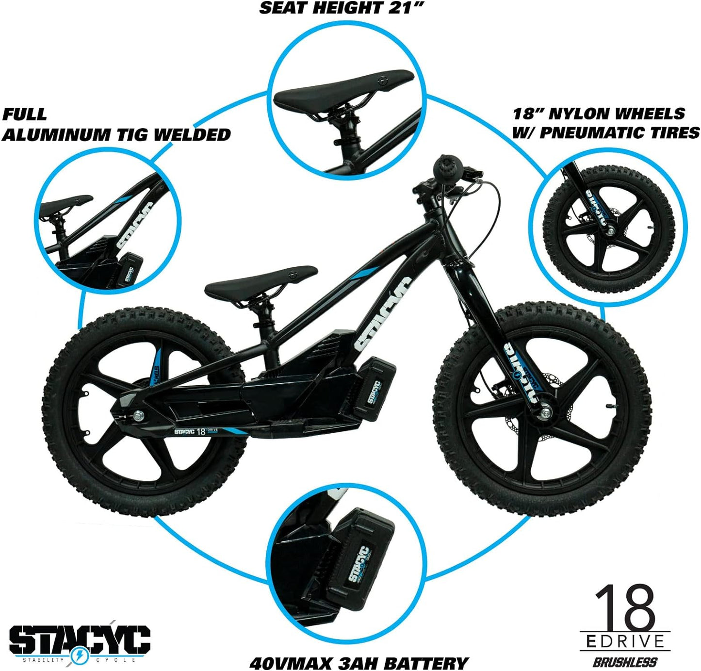 STACYC Brushless 18eDRIVE Electric Balance Bike for Kids Ages 8-10 Years Old